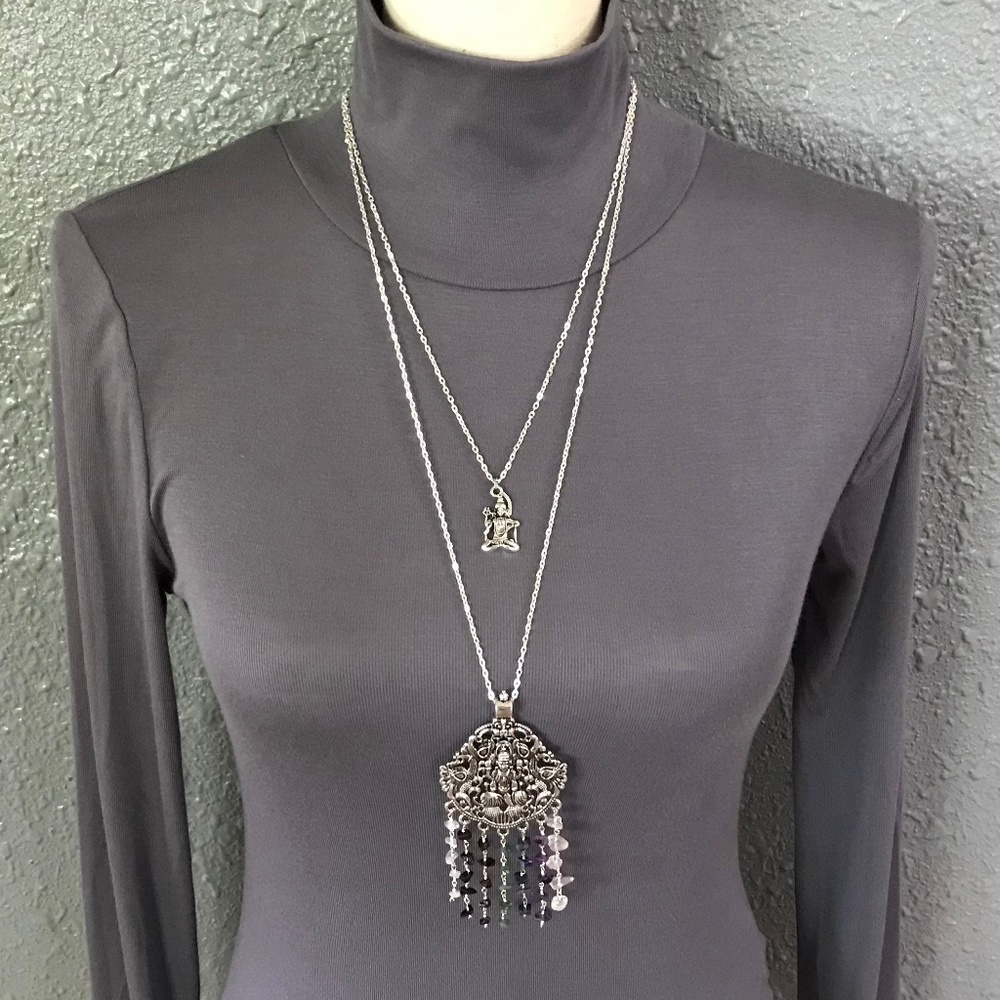 Dancing Shiva Handmade 2-Layer Boho Hindu Silver Necklace Rainbow Chakra Stones - Picture 7 of 16